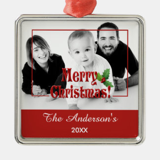 Modern Merry Christmas and Holly Custom Photo Red Metalen Ornament