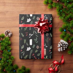 Modern Merry Christmas Black Red Berry Botanical Cadeaupapier