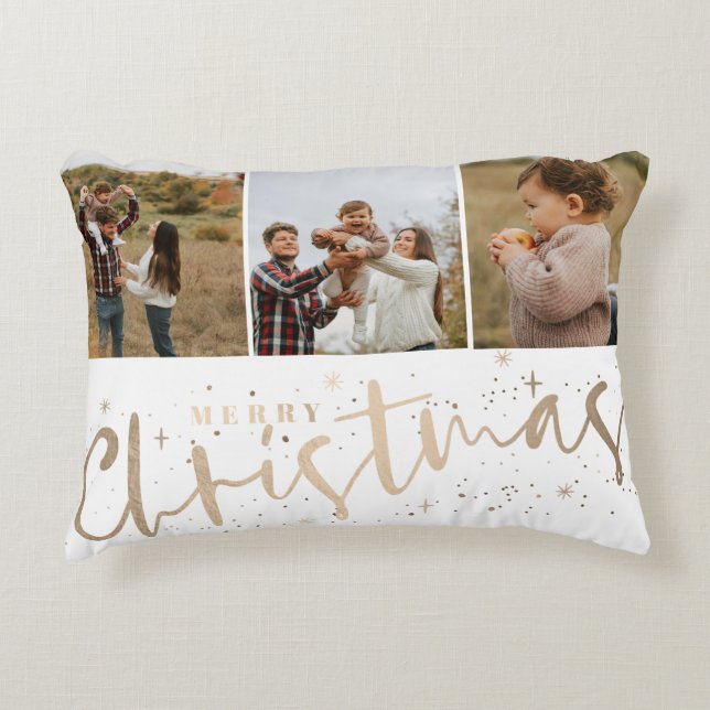 Modern Merry Christmas Faux Gold & Foto Accent Kussen (Voorkant)
