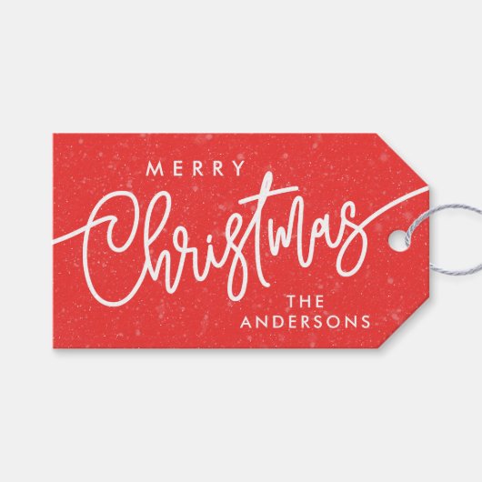 Modern Merry Christmas Kalligrafie Script Sneeuwro Cadeaulabel (Voorkant (Horizontaal))