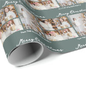 Modern Merry Christmas Photo Collage Grey Green Cadeaupapier (Rol Hoek)