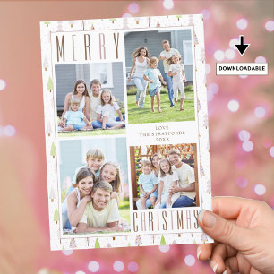 Modern MERRY CHRISTMAS Photo Collage Trees roze Feestdagenkaart