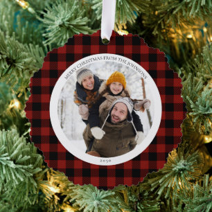Modern Merry Christmas Red Buffalo Check Foto Ornament Kaart