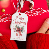 Modern Merry Christmas Script Holly Bow Naam Cadeaulabel