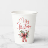 Modern Merry Christmas Script Holly Bow Papieren Bekers (Achterkant)