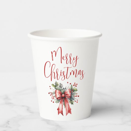 Modern Merry Christmas Script Holly Bow Papieren Bekers (Voorkant)