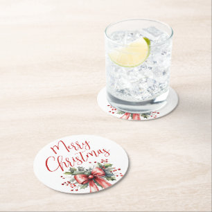 Modern Merry Christmas Script Holly Bow Red Ronde Kartonnen Onderzetter