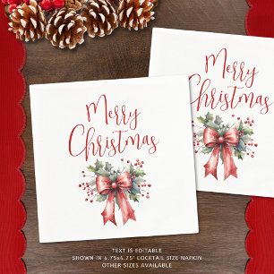 Modern Merry Christmas Script Holly Bow Servet