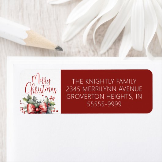 Modern Merry Christmas Script Red Bow Etiket (Insitu)
