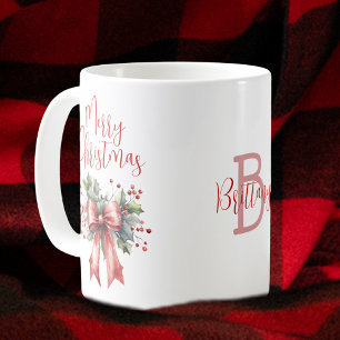 Modern Merry Christmas Script Red Bow gepersonalis Koffiemok