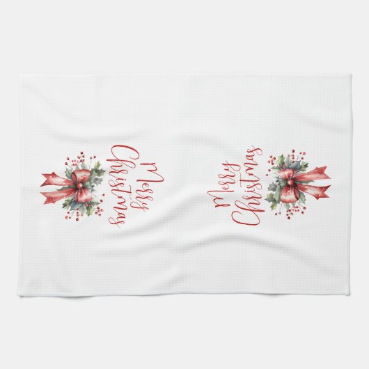 Modern Merry Christmas Script Red Bow Theedoek (Horizontaal)