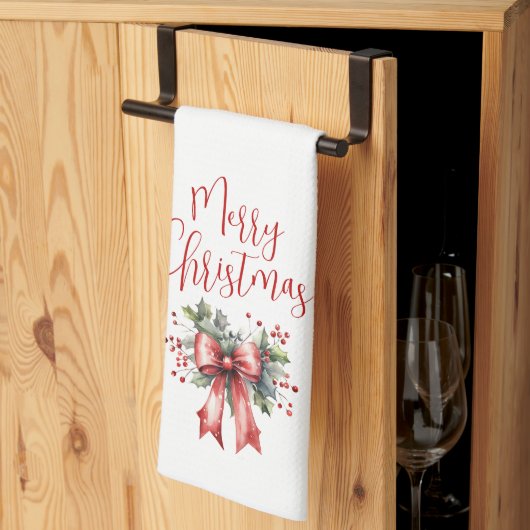 Modern Merry Christmas Script Red Bow Theedoek (Derde Gevouwen)