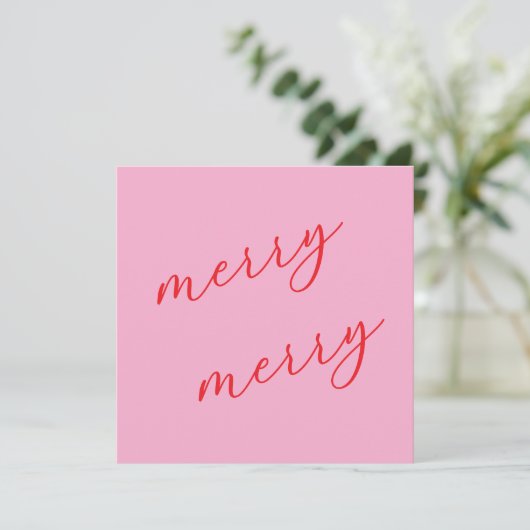 Modern Merry Elegant Script Feestelijk Roze & Rood Feestdagenkaart (Staand voorkant)