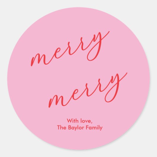 Modern Merry Elegant Script Feestelijk Roze & Rood Ronde Sticker (Voorkant)