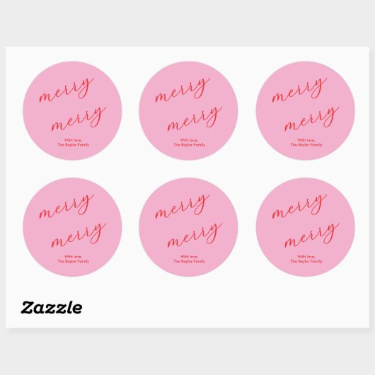 Modern Merry Elegant Script Feestelijk Roze & Rood Ronde Sticker (Vel)