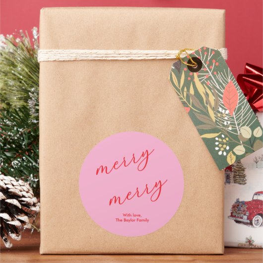 Modern Merry Elegant Script Feestelijk Roze & Rood Ronde Sticker (Feestdagen)