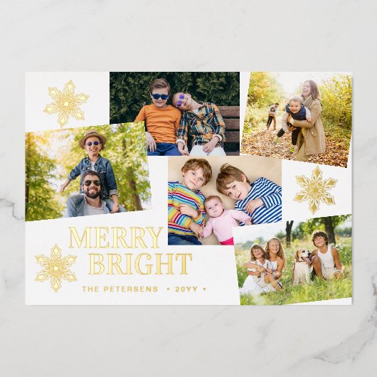 Modern Merry en Bright 5 foto's Kerst goud Folie Feestdagenkaart (Voorkant)