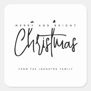 Modern Merry en Bright Christmas eenvoudig script Vierkante Sticker