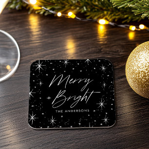 Modern Merry en Bright Script Black Holiday Vierkante Kartonnen Onderzetter