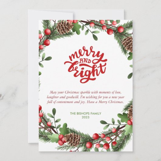 Modern Merry en helder Script Foliage Wreath Feestdagenkaart (Voorkant)