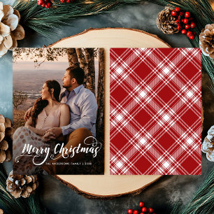 Modern Merry Kerstfamilie Foto naam Tartan Feestdagenkaart