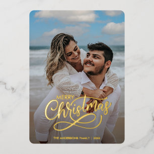 Modern Merry Kerstfamilie Foto naam Tartan Fo Folie Feestdagenkaart