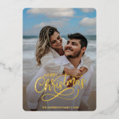 Modern Merry Kerstfamilie Foto naam Tartan Fo Folie Feestdagenkaart (Voorkant)