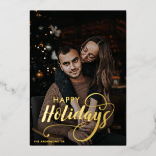 Modern Merry Kerstfamilie Foto naam Tartan Folie Feestdagenkaart