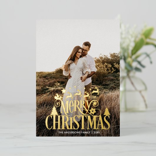 Modern Merry Kerstfamilie Foto naam Tartan Folie Feestdagenkaart (Staand Voorkant)