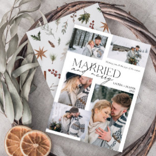 Modern Merry & Married 5 Foto Pas getrouwd Feestdagenkaart