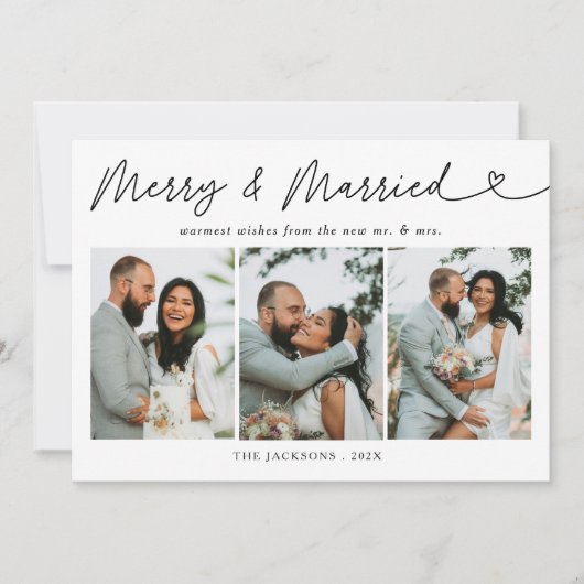 Modern Merry & Married Newlywed Photo Christmas Feestdagenkaart (Voorkant)