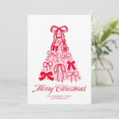 Modern Merry Pink Red Bow Tree Flat Holiday Kaart (Staand voorkant)