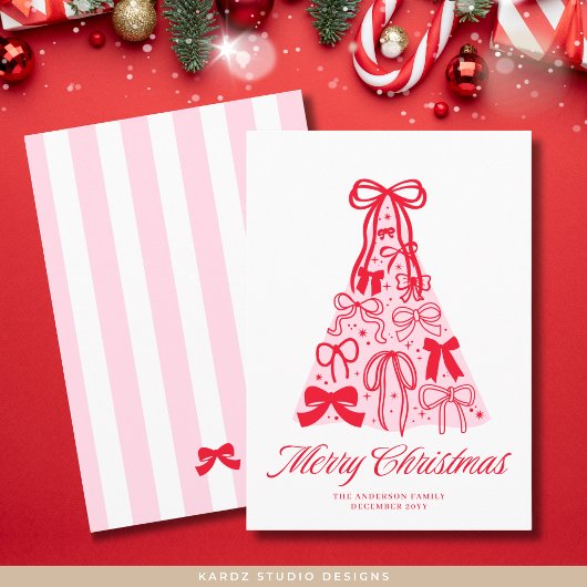 Modern Merry Pink Red Bow Tree Flat Holiday Kaart