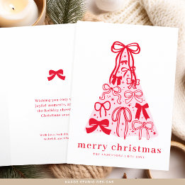 Modern Merry Pink Red Bow Tree Holiday Card Kaart