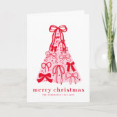 Modern Merry Pink Red Bow Tree Holiday Card Kaart (Voorkant)
