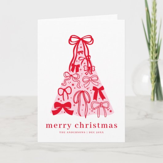 Modern Merry Pink Red Bow Tree Holiday Card Kaart (Voorkant)