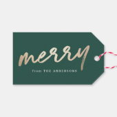 Modern Merry Script Groene en Gouden Vakantie Cadeaulabel (Voorkant (Horizontaal))