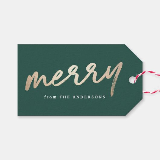 Modern Merry Script Groene en Gouden Vakantie Cadeaulabel (Voorkant (Horizontaal))