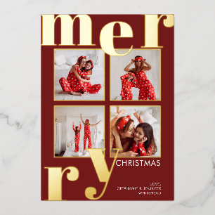 Modern Merry Typography Photo Collage Burgundy Folie Feestdagenkaart
