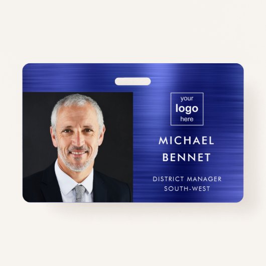 Modern Metallic Navy Blue Company Foto ID Badge (Voorkant)