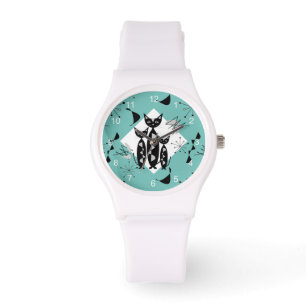 Modern Midden-Eeuw Retro Katten Schattig Patroon Horloge