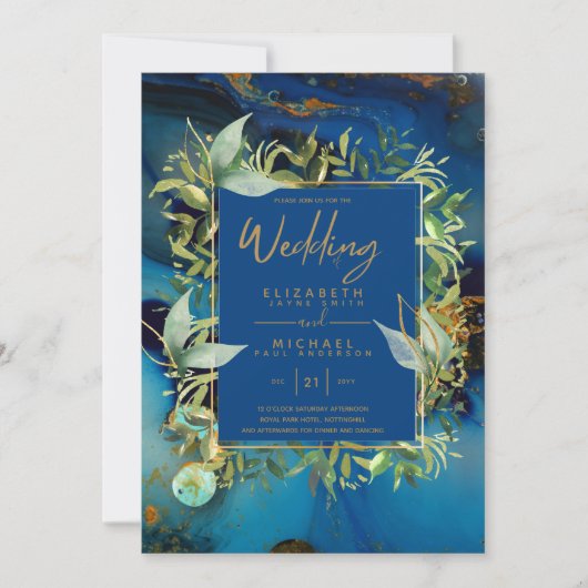 Modern Midnight Blue Greenery Wedding Invites Kaart (Voorkant)