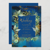 Modern Midnight Blue Greenery Wedding Invites Kaart (Voorkant / Achterkant)