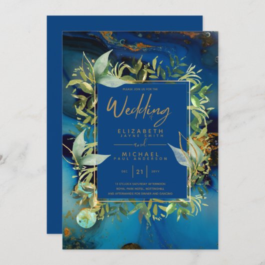 Modern Midnight Blue Greenery Wedding Invites Kaart (Voorkant / Achterkant)