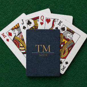 Modern Midnight Blue met Gouden Monogram Custom Pokerkaarten