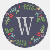 Modern Midnight Blue Monogram Holiday Wreate Ronde Sticker (Voorkant)
