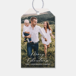 Modern minimaal 1 foto-kerstelegant script Ho Cadeaulabel