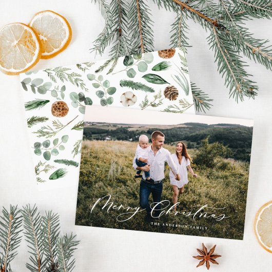 Modern minimaal 1 foto-kerstelegant script Ho Feestdagenkaart