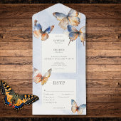 Modern minimaal blauw & roest vlinders diner all in one uitnodiging