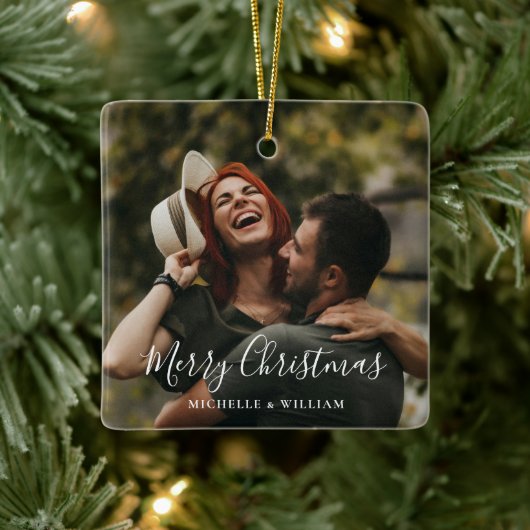 Modern Minimaal Foto Kerstscript Keramisch Ornament (Boom)